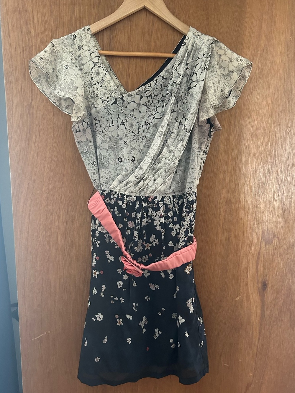 Miss Me Cream and Black Floral Midi Dress with Pink Waist Flower Belt